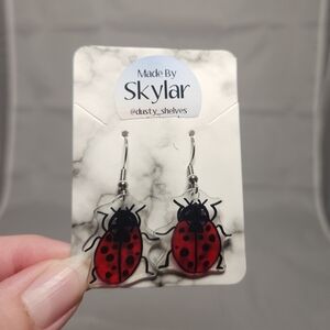 Handmade Shrinking Plastic Lady Bug Dangle Earrings